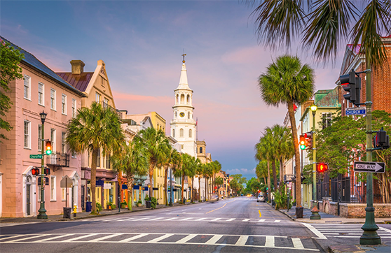 attractive street with a tower