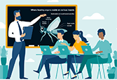 man in board room pointing at a blackboard while people work on laptops