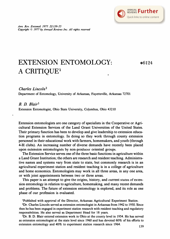 Extension Entomology A Critique Annual Reviews
