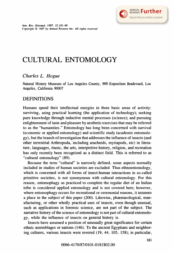 Cultural Entomology Annual Reviews