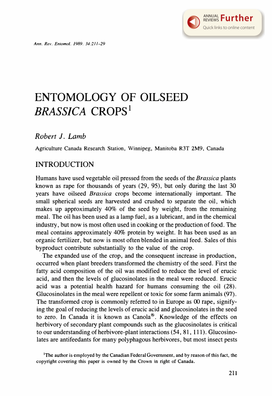 Entomology of Oilseed Brassica Crops Annual Reviews